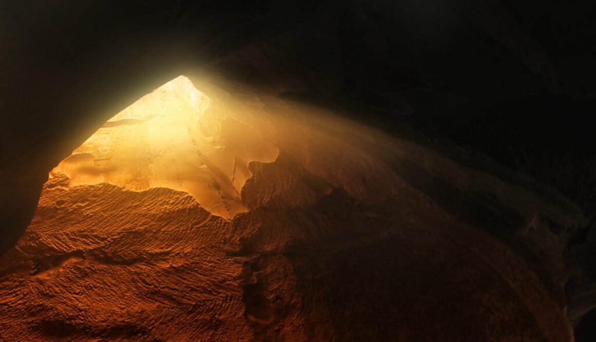 Abstract and surrealistic image of cave with light. revelation and open the door, Holy Bible story concept