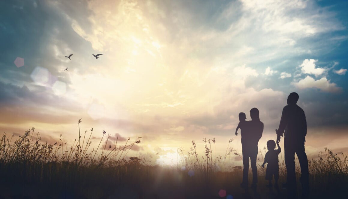 Family worship God concept: Silhouette people looking for the cr