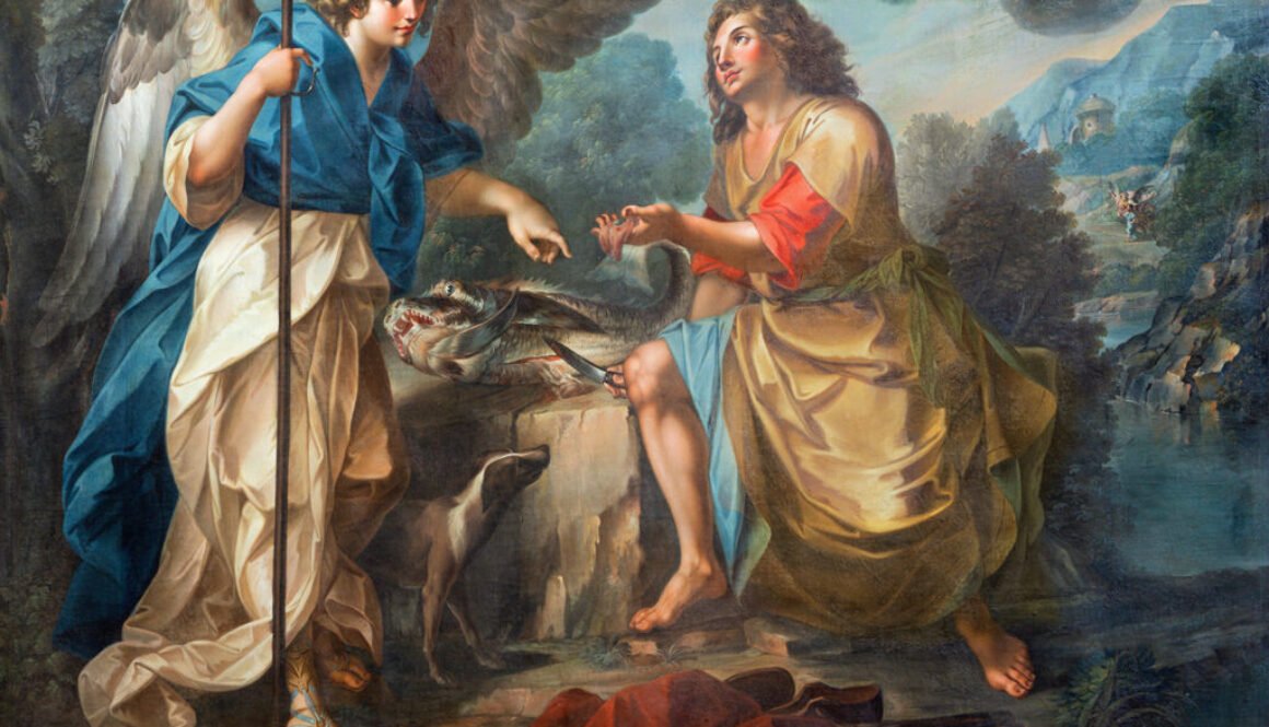 CATANIA, ITALY - APRIL 7, 2018: The detail of painting of Tobia