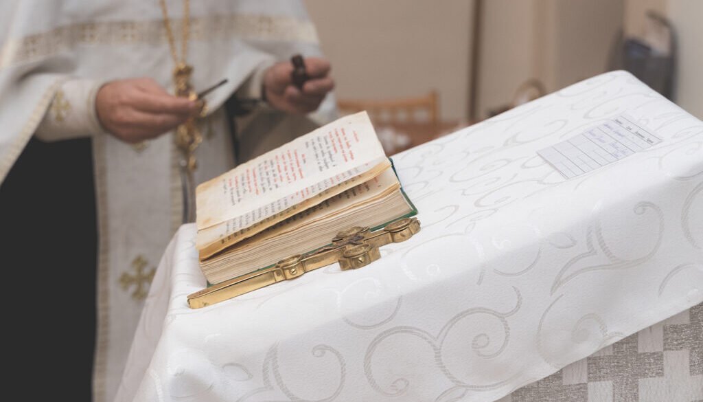 Lectern with Orthodox cross and Holy Gospel