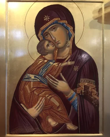 Icono bizantino de María con el Niño en brazos