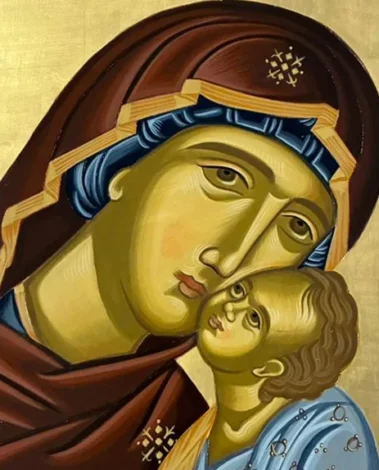Virgen María con el Niño – Icono bizantino de Taís Gea | Bet Tefilá Icono bizantino de la Virgen María con el Niño en brazos, obra de Taís Gea, Bet Tefilá.